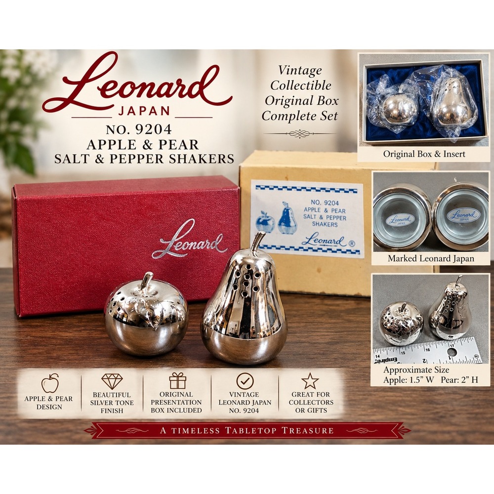 Vintage Leonard Japan Silver Tone Apple and Pear Salt and Pepper Shakers 9204